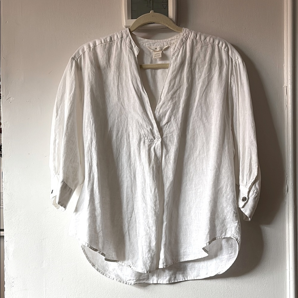 H&M -  Linen Blend White Peasant Collar Blouse with 3/4 button Sleeves